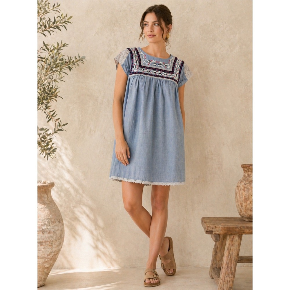 2/$30 Holding Horses Anthropologie Mini Dress 4 Blue Babydoll Embroidered Cotton